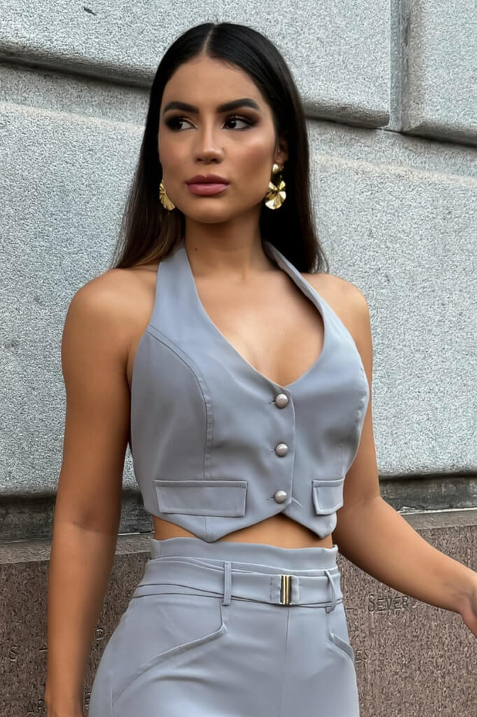 Cropped Colete Halter Frente Única Regulável Alfaiataria Cartier