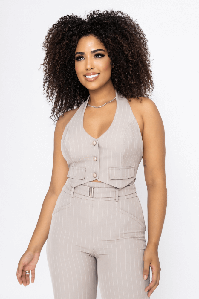 Cropped Colete Halter Frente Única Regulável Risca de Giz