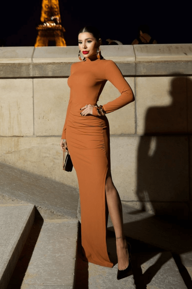 Fenda Lateral Vestido Tecido Canelado Vestido Longo Manga Longa