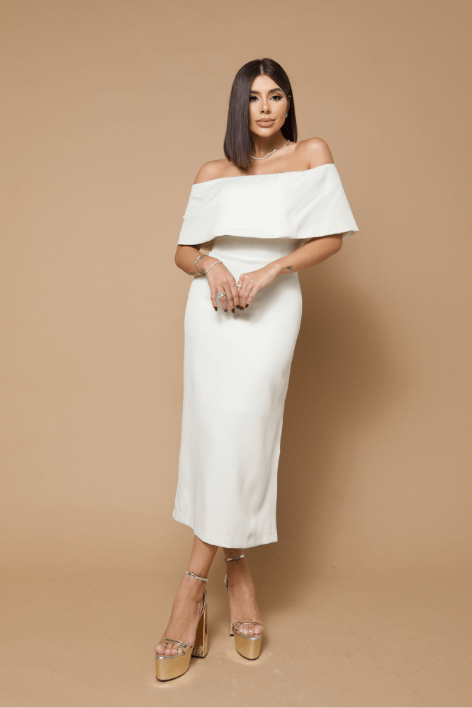 crepe vestido midi ombro